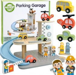WOOPIE GREEN wooden multi-level parking garage 2-in-1 with station and figures, 12 pieces, FSC
