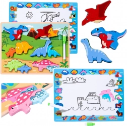 Puzzle educativo in legno con dinosauri e lavagna