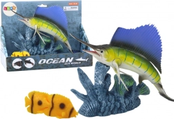 Swordfish Figure on Coral Reef with Little Fish