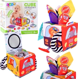 Cube sensoriel souple avec petites voitures et panneaux de signalisation, avec miroir sécurisé