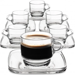 Tasses à espresso en verre avec soucoupes carrées 75 ml, lot de 6