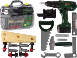 Zestaw narzędzi dziecięcych z walizką i zieloną wiertarką na baterie