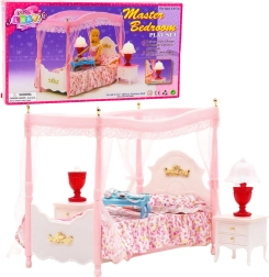 Set di mobili per bambole – letto con baldacchino, comodini e lampade