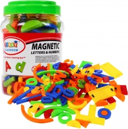 Sæt med farvede magnetiske bogstaver, tal og former 128 stk.
