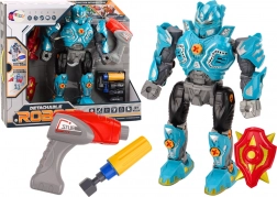 Screw-together robot with drill, shield, and light and sound effects – turquoise