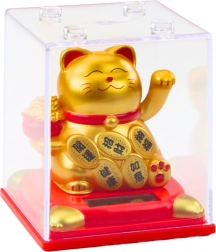 Chat porte-bonheur chinois figurine solaire en vitrine dorée
