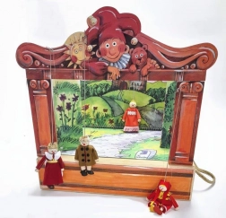 Gerlich maxi puppet theatre with 14 wooden puppets