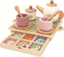 wooden tea set for children with tray and drawer