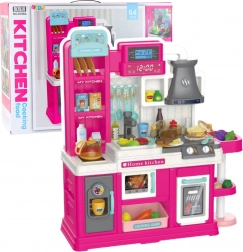 Kids' play kitchen with water circulation, steam and color-changing foods, pink, 64 pieces