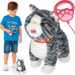 Interactive Plush Cat on a Leash – meows, walks and wags its tail, grey