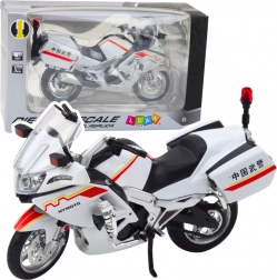 Motocicletta in metallo 1:12 con luci e suoni – bianca con elementi rosso‑gialli