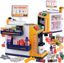 Kids’ self-service store with coffee machine and fridge – scanner, cash register and accessories