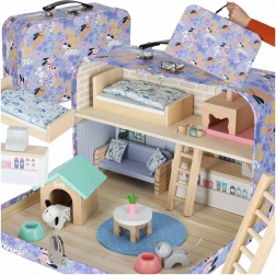 Prenosný drevený domček v kufríku – hotel pre miláčikov s nábytkom a figúrkami