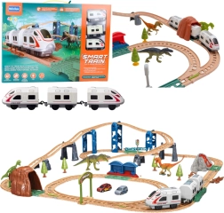 Interactive electric train set with tunnel, station and dinosaurs 95 × 85 cm