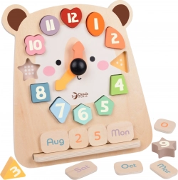 Wooden Educational Clock Teddy Bear Classic World 3in1 for Teaching Time, Counting and Dates