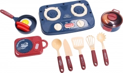 Ensemble de cuisine avec cuisinière, vaisselle et aliments