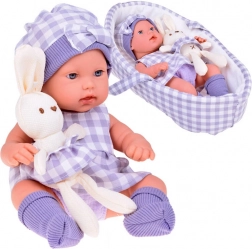 realistic baby doll with basket and plush bunny, gray
