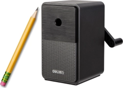 Hand-crank pencil sharpener with shavings container and adjustable point – black