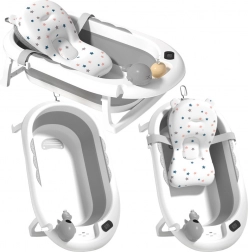 Skládací dětská vanička s teploměrem a měkkým vložkou, šedá s hvězdičkami