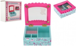 Dřevěná šperkovnice s květinami a zrcadlem, tyrkysovo‑růžová