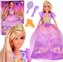 Poppenprinses met lange haren in baljurk met accessoires