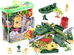 Large set of plastic toy soldiers with tank and helicopter in a zippered case