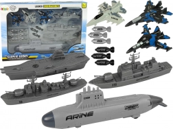 Morski zestaw wojskowy z okrętem podwodnym, okrętami wojennymi i myśliwcami