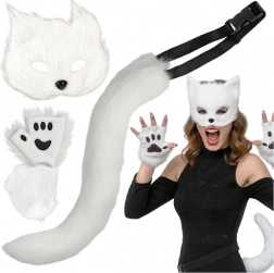 Cat, Fox or Wolf Costume RUHHY – white 4‑in‑1 set with mask, tail and paws