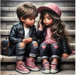 Diagonal Mosaic Girl and Boy on the Stairs