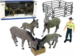 Set of Donkey Figures with Farmer and Gray Fencing