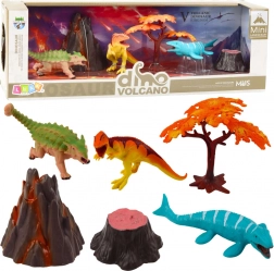 Set of Realistic Dinosaur Figures with Volcano and Tree