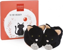 Coffret cadeau DOUDOU – premières chaussons motif chat noir 0–6 mois