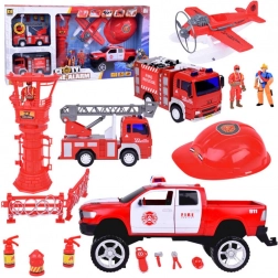 Velik komplet gasilskih vozil s čelado