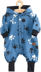 Tutina da neonato in cotone con cappuccio e orecchiette NEW BABY, blu con impronte