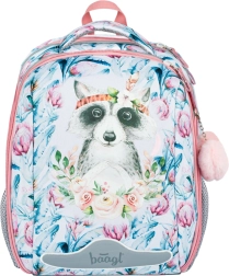 School Bag with Raccoon and Floral Pattern