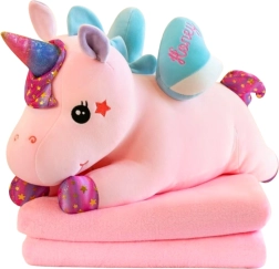 Unicorno di peluche con coperta 3 in 1, rosa, 55 cm