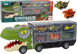 Dinosaur truck with carrier and 6 cars with lights and sounds – green