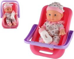 Bambola bebè nel seggiolino con biberon 22 cm