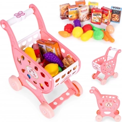 Pink kids’ shopping trolley for play in the supermarket or kitchen + 18 accessories