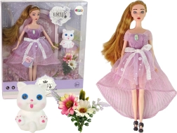Dukke Emily med langt hår og hvid killing