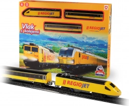 RegioJet MINI Battery Train – Yellow Locomotive with Carriages and Track