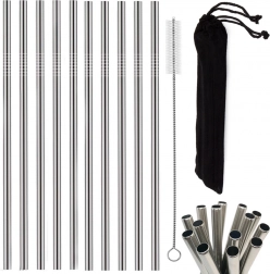 Set of 10 Reusable Stainless Steel Straws with Cleaning Brush and Pouch