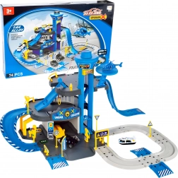 Garage de police avec station, 3 étages avec ascenseur, voitures et hélicoptère, 74 pièces