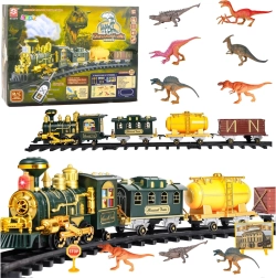 Train électrique classique avec dinosaures et télécommande RC, lumières, sons et fumée – 39 pièces