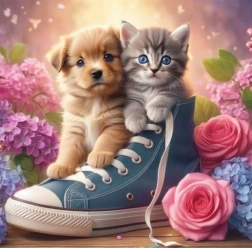 Diamond Painting Dog with a Cat in a Shoe 30x40 cm