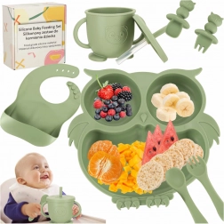 Silicone dinnerware set for kids with owl motif in army green