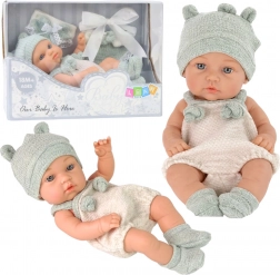 Cloth baby doll 18 cm in grey outfit with cap and bib