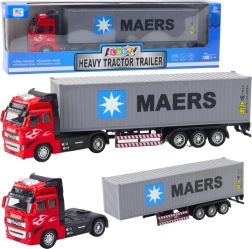 Kontejnerski tovornjak s pull-back pogonom, z odpirajočimi se vrati, rdeče-siv