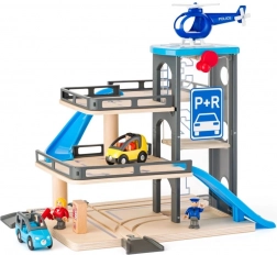 Wooden multi-storey parking garage with helicopter landing pad