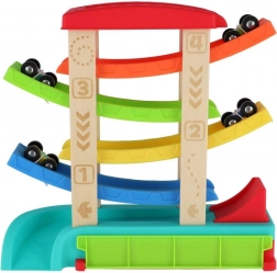 Cascade racing track for toy cars with 4 cars, wood and plastic, 33 × 32 × 10 cm